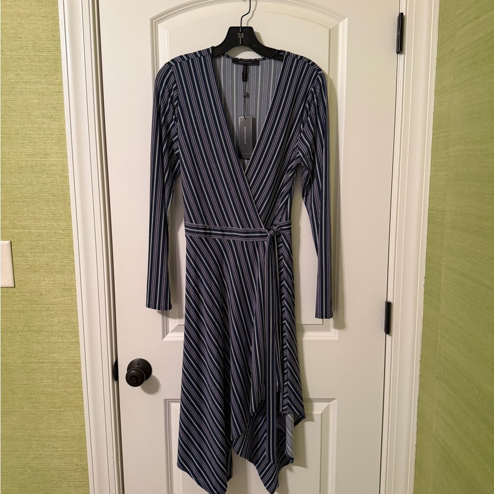 BCBGMaxAzria Navy and White Striped Long-Sleeve Wrap Dress